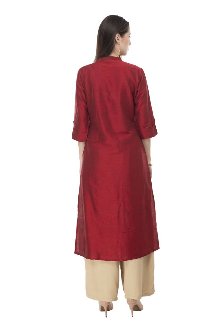 Women maroon embroidered art Silk kurti