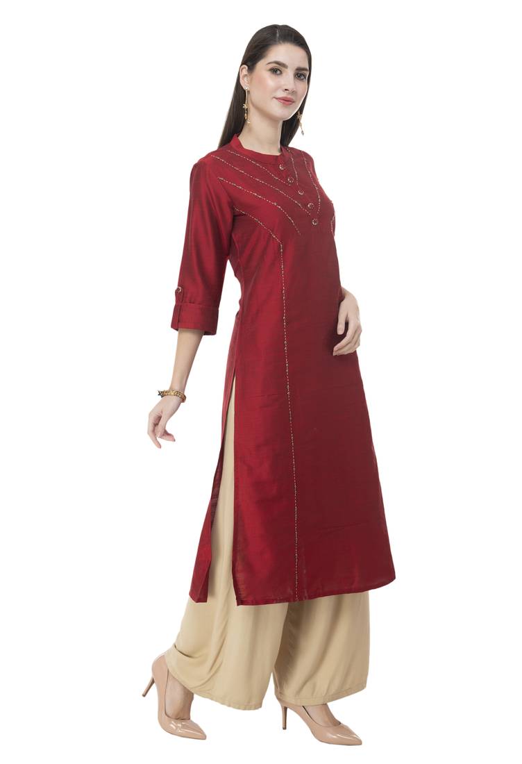 Women maroon embroidered art Silk kurti