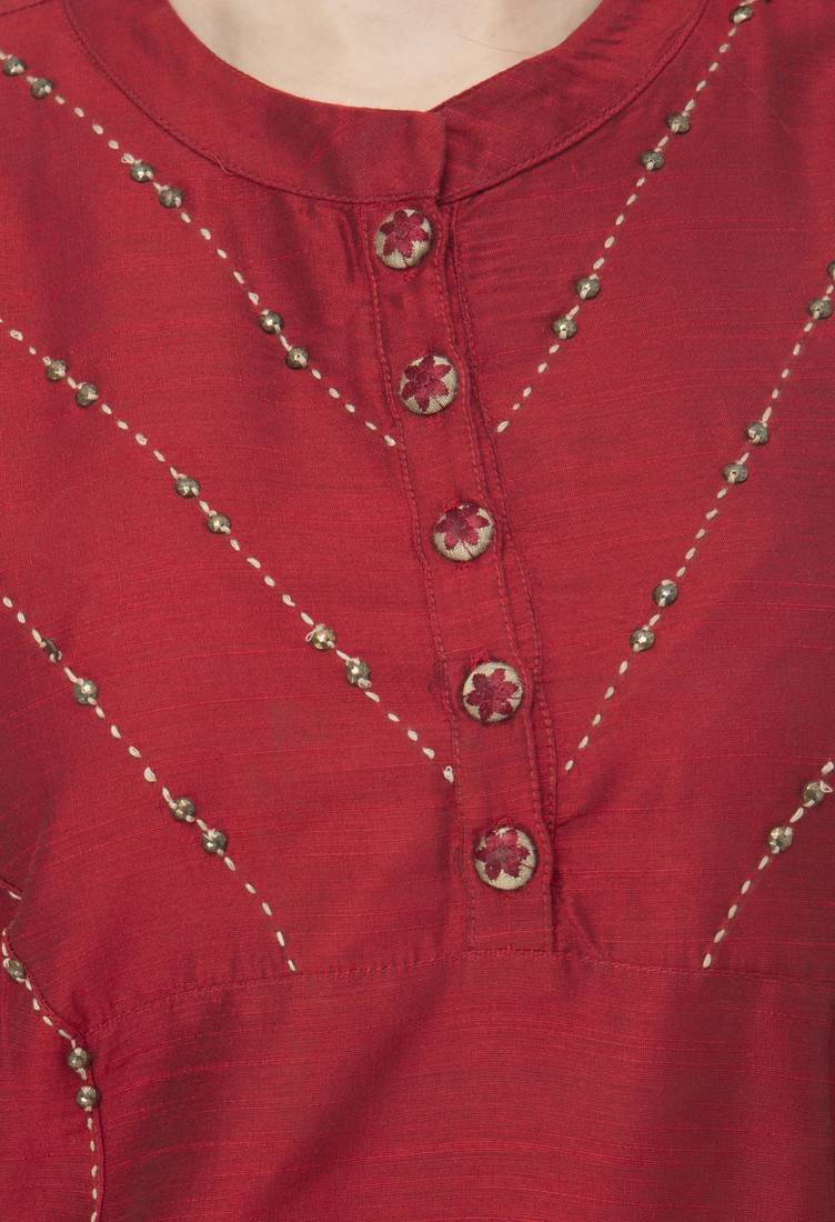 Women maroon embroidered art Silk kurti