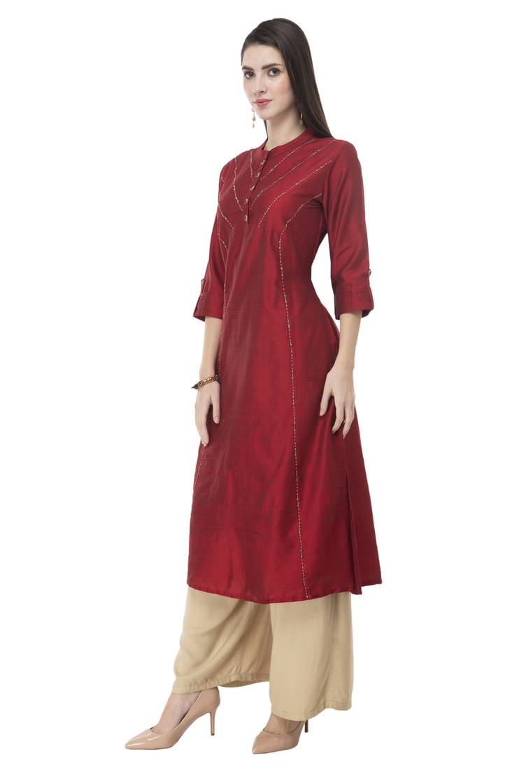 Women maroon embroidered art Silk kurti