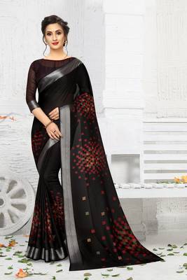 Black printed linen saree with blouse 1
