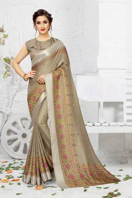 Brown printed linen saree with blouse 1