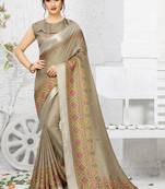 Brown printed linen saree with blouse