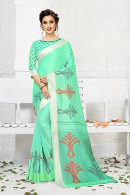 Blue printed linen saree with blouse 1