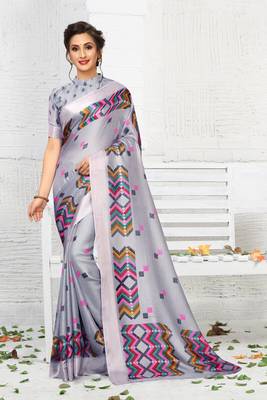 Grey printed linen saree with blouse 1