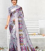 Grey printed linen saree with blouse