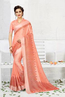 Orange printed linen saree with blouse 1
