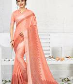 Orange printed linen saree with blouse