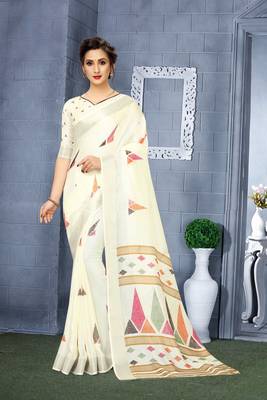 Off white printed linen saree with blouse 1