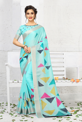 Light blue printed linen saree with blouse 1