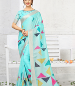 Light blue printed linen saree with blouse
