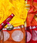 Yellow woven silk saree with blouse