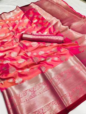 Peach woven silk saree with blouse 1