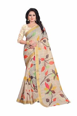 Off white printed linen saree with blouse 1
