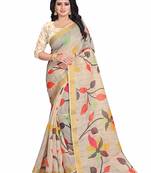 Off white printed linen saree with blouse