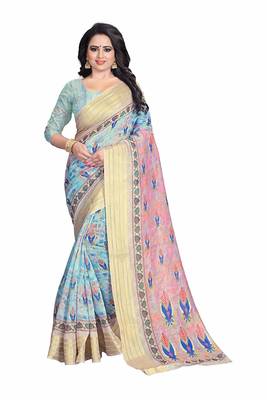 Multicolor printed linen saree with blouse 1