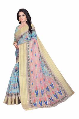 Multicolor printed linen saree with blouse 2
