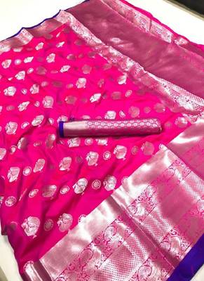 Pink woven silk saree with blouse 1
