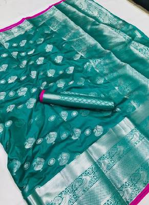 Turquoise woven silk saree with blouse 1
