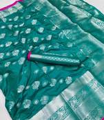 Turquoise woven silk saree with blouse