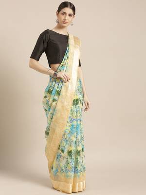 Kimisha Women's Yellow Silk Cotton Floral Digital Printed Saree 1