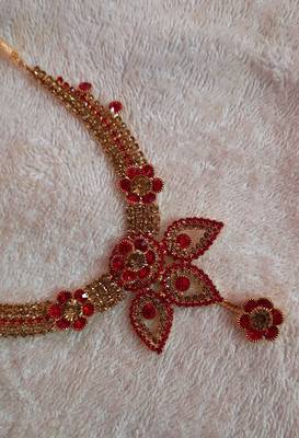 Traditional AD Zircon Stone Red Fancy Stylish Party Wear Wedding necklace earring mangtika set 2