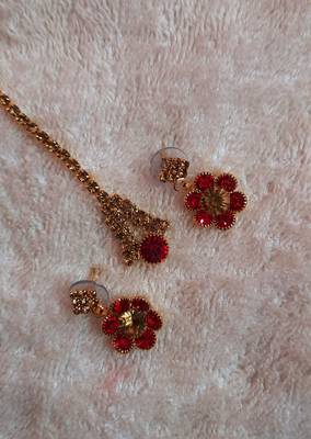 Traditional AD Zircon Stone Red Fancy Stylish Party Wear Wedding necklace earring mangtika set 3