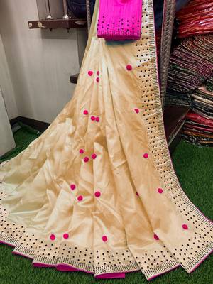 beige art silk pompom saree with blouse 1