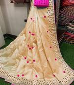 beige art silk pompom saree with blouse