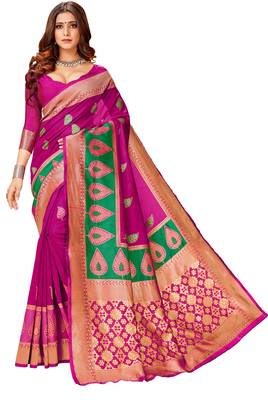 Pink woven art silk saree with blouse 1