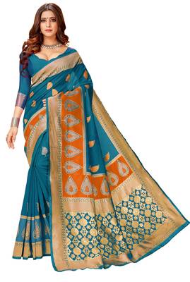 Turquoise woven art silk saree with blouse 1