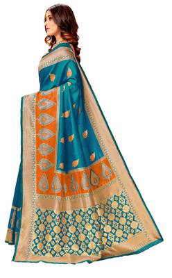 Turquoise woven art silk saree with blouse 2