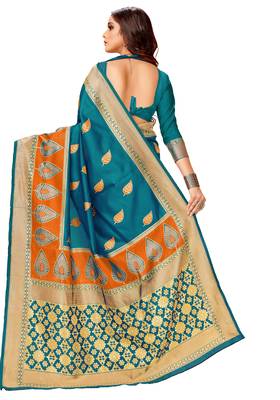 Turquoise woven art silk saree with blouse 3