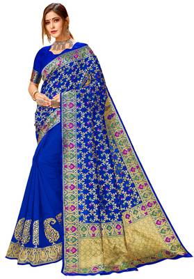 Blue woven art silk saree with blouse 1