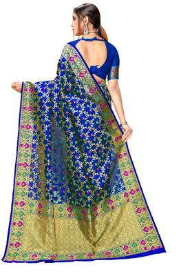 Blue woven art silk saree with blouse 3