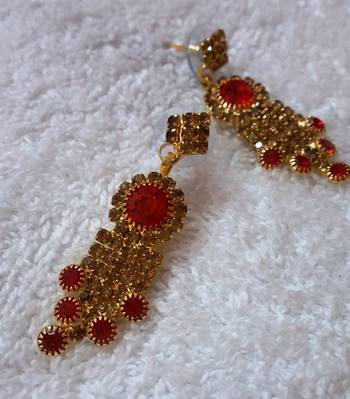 Traditional AD Zircon Stone Red And Golden Fancy Stylish Party Wear Wedding necklace earring mangtika set 2