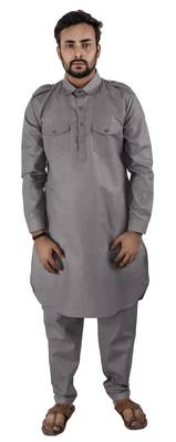 Grey plain cotton poly pathani-suits 2