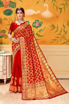 Red Woven Cotton Silk Saree With Blouse 1