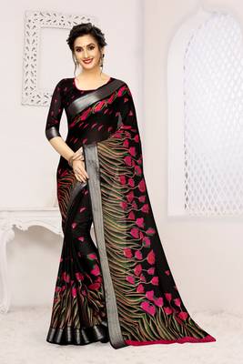 Black printed linen saree with blouse 1