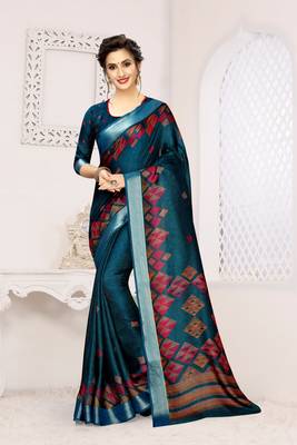 Blue printed linen saree with blouse 1