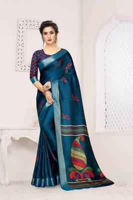 Blue printed linen saree with blouse 1