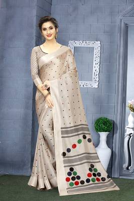 Grey printed linen saree with blouse 1