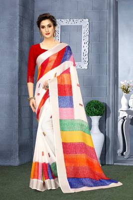 Multicolor printed linen saree with blouse 1