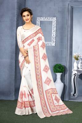 Red printed linen saree with blouse 1