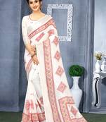 Red printed linen saree with blouse
