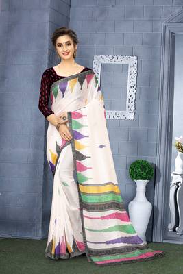 Multicolor printed linen saree with blouse 1