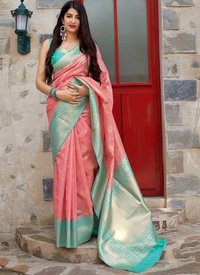Pink woven Banarasi silk blend saree with blouse 1