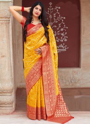 Yellow woven banarasi silk saree with blouse 1