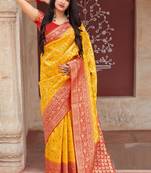 Yellow woven banarasi silk saree with blouse