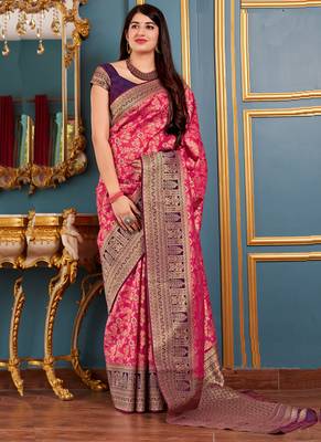 Pink woven banarasi silk saree with blouse 1